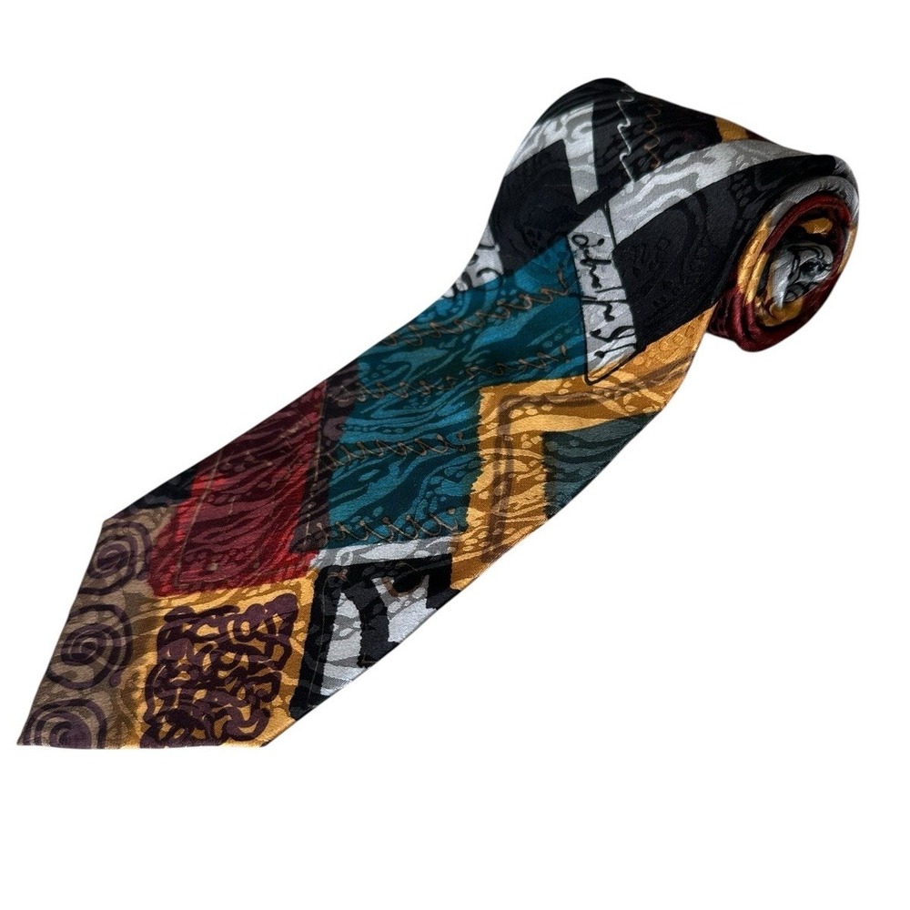 Guytone 100% Silk Neck Tie 56x3.5 Abstract Art Design Silver Red Blue Vintage
